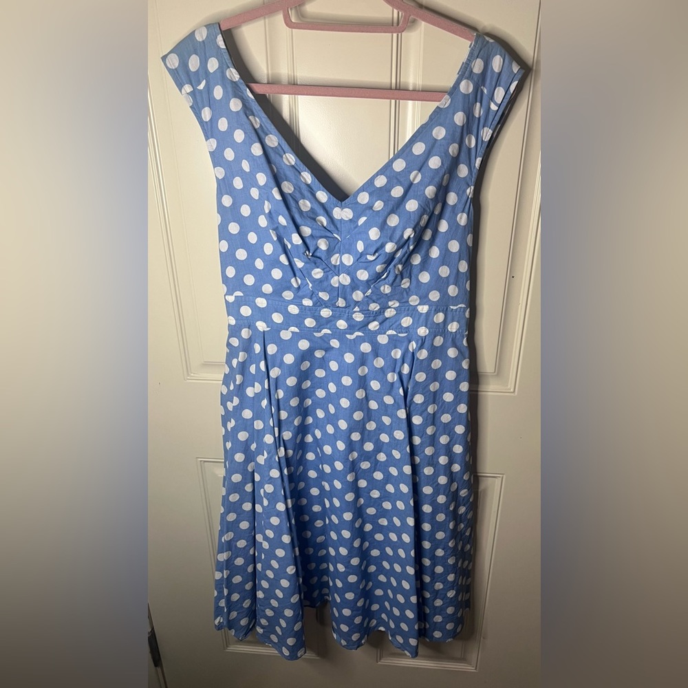 eShakti | Blue & White Polka Dot Retro Fit & Flare Sleeveless Dress